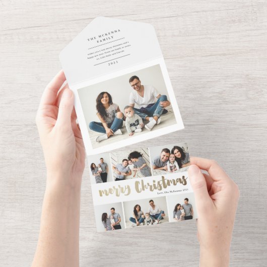 Gouden script prettig kerstfeest multi foto vakant all in one uitnodiging (Afscheurbaar)