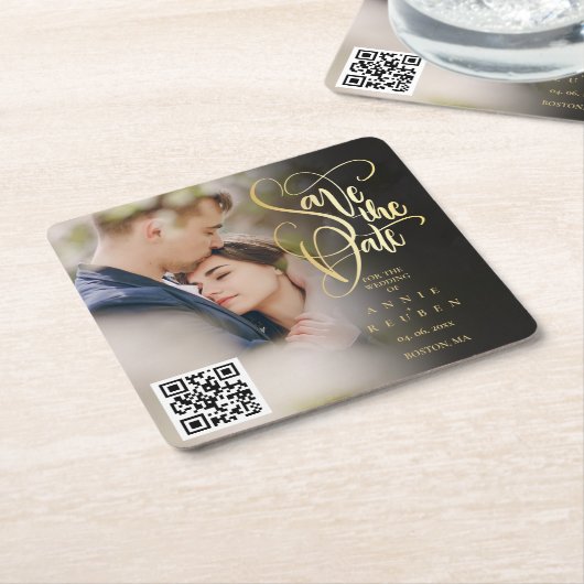 Gouden Script QR Code Foto Bewaar de Datum Kartonnen Onderzetters (Schuin)