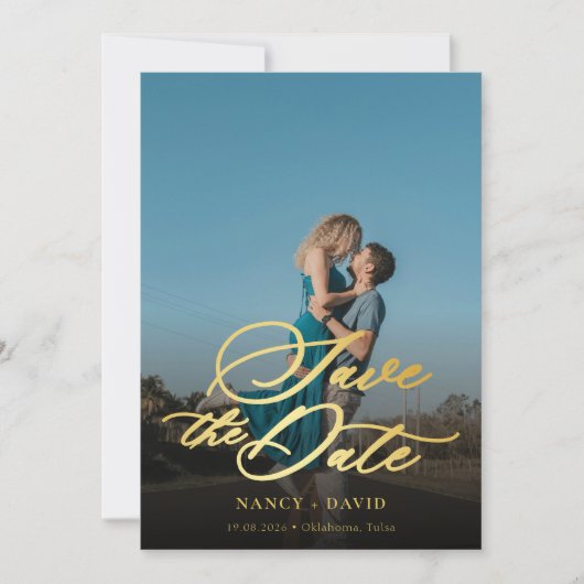 Gouden Script Qr Code Foto Huwelijk Save The Date (Voorkant)