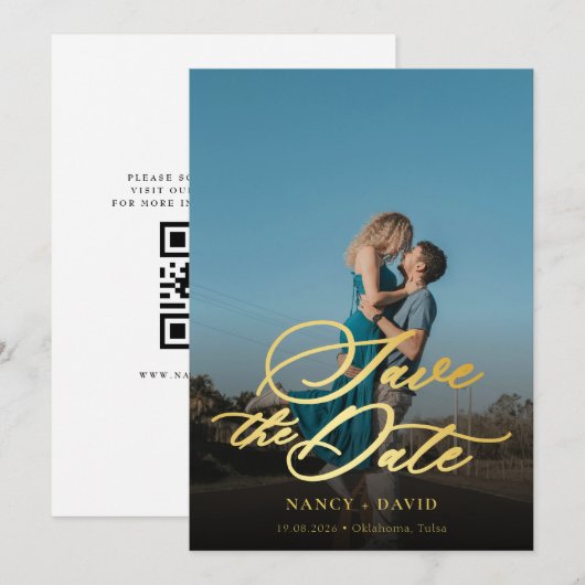 Gouden Script Qr Code Foto Huwelijk Save The Date (Voorkant / Achterkant)