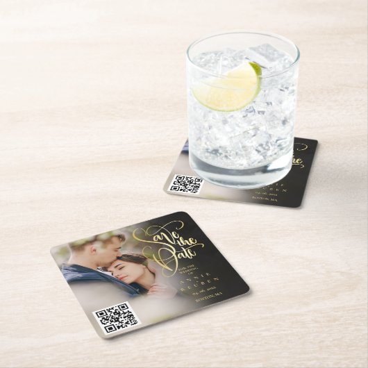 Gouden Script QR Code Foto Save the Date  Kartonnen Onderzetters (Insitu)