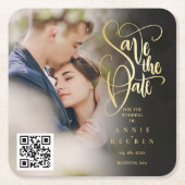 Gouden Script QR Code Foto Save the Date  Kartonnen Onderzetters (Voorkant)