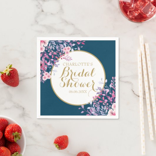 Gouden Script Roze Weide Bloemige Bruiloftsborrel Servet (Insitu)