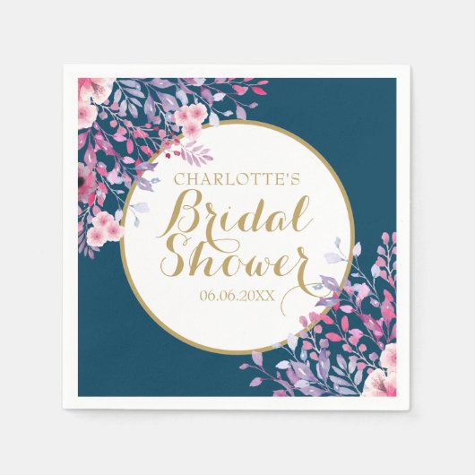 Gouden Script Roze Weide Bloemige Bruiloftsborrel Servet (Voorkant)