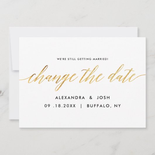 Gouden Script Uitstel Trouwdatum Bericht Save The Date (Voorkant)