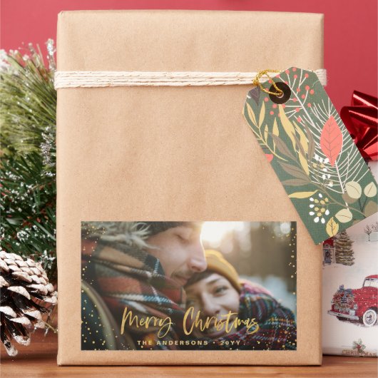 Gouden script vrolijke kerststerren foto elegant rechthoekige sticker (Feestdagen)