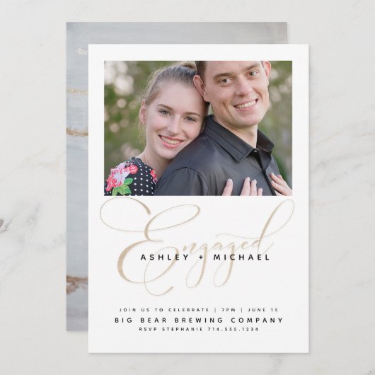 Gouden Script Waterverf Photo Engagement Party Kaart (Voorkant / Achterkant)