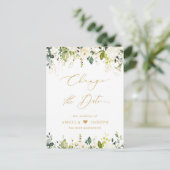 Gouden Script Wijzigingsdatum Groenaai Witte Rozen Briefkaart (Staand voorkant)