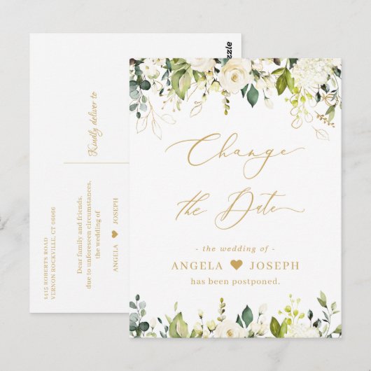 Gouden Script Wijzigingsdatum Groene planten Witte Briefkaart (Voorkant / Achterkant)