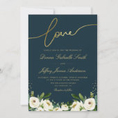 gouden script witte tuin bloemenmarine bruiloft kaart (Voorkant)