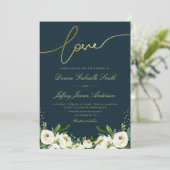 gouden script witte tuin bloemenmarine bruiloft kaart (Staand voorkant)