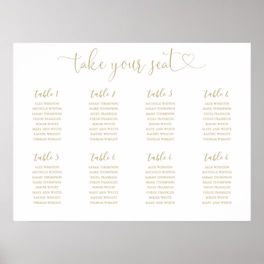 Gouden script zitplaatskaart tafelnummer bord poster (Voorkant)