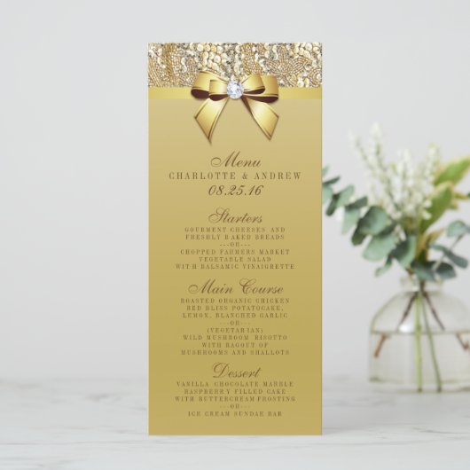 Gouden Sequin Bow Bruiloft Collectie Menu (Staand voorkant)