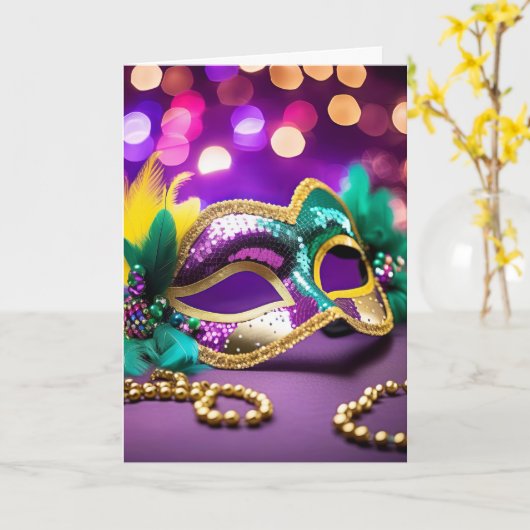 Gouden Sequin Mardi Gras Mask Verjaardag Kaart (Gele Bloem)