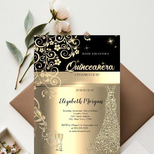 Gouden Sequins Jurk Glas Bloemen Quinceanera Kaart