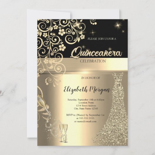 Gouden Sequins Jurk Glas Bloemen Quinceanera Kaart (Voorkant)