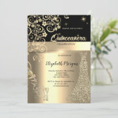 Gouden Sequins Jurk Glas Bloemen Quinceanera Kaart (Staand voorkant)