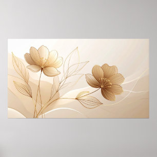 Gouden Sereniteit: Minimalistische Bloemlijn Kunst Poster