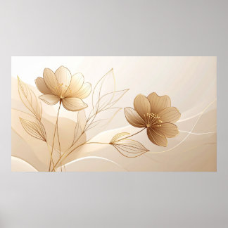 Gouden Sereniteit: Minimalistische Bloemlijn Kunst Poster