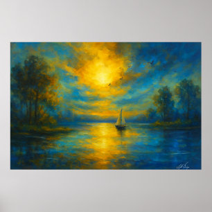 Gouden Sereniteit Zonsondergang Zeilboot op Rustig Poster