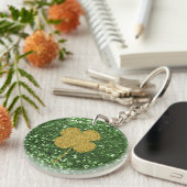 Gouden Shamrock Groene Faux Glitter Sleutelhanger (Voorkant Rechts)