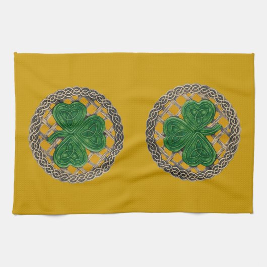 Gouden Shamrock op Keltische knopen keukenhanddoek (Horizontaal)