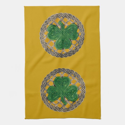 Gouden Shamrock op Keltische knopen keukenhanddoek (Verticaal)