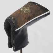 Gouden Shamrock St.Patrick`s Day,Bruin Leer Golfheadcover (3/4 voorkant)