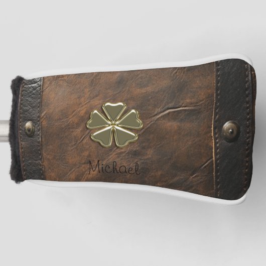Gouden Shamrock St.Patrick`s Day,Bruin Leer Golfheadcover (Voorkant)