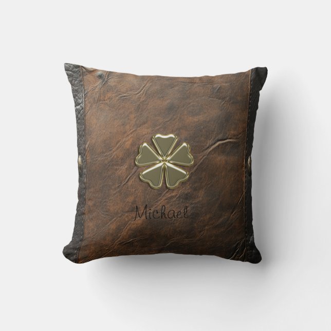 Gouden Shamrock St.Patrick`s Day,Bruin Leer Kussen (Voorkant)