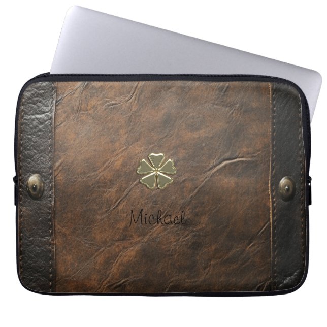 Gouden Shamrock St.Patrick`s Day,Bruin Leer Laptop Sleeve (Voorkant)