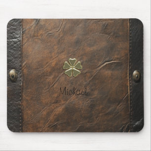 Gouden Shamrock St.Patrick`s Day,Bruin Leer Muismat