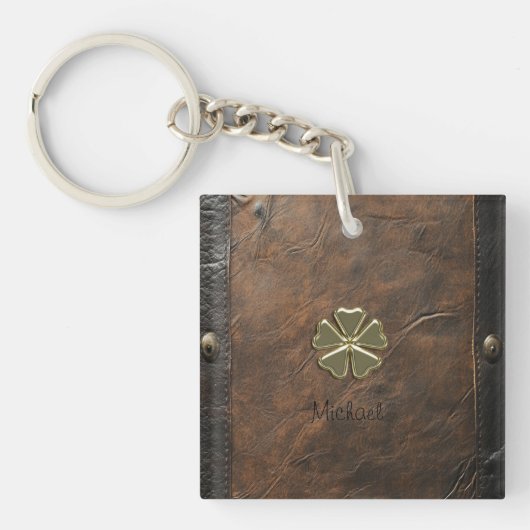 Gouden Shamrock St.Patrick`s Day,Bruin Leer Sleutelhanger (voorkant)