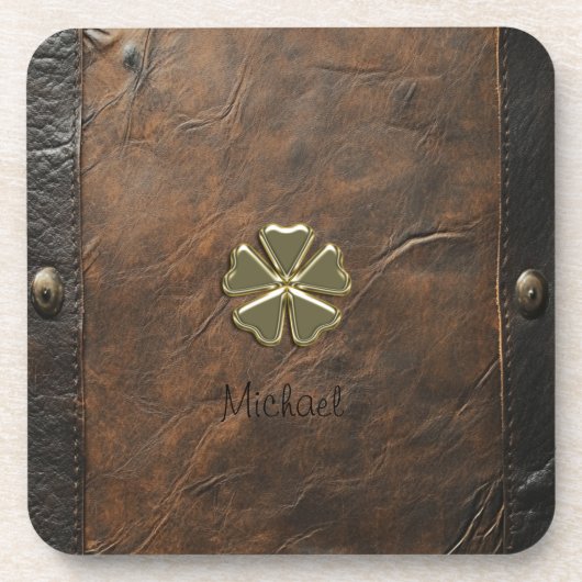 Gouden Shamrock St. Patrick's Day, Bruin leer Bier Onderzetter (Voorkant)
