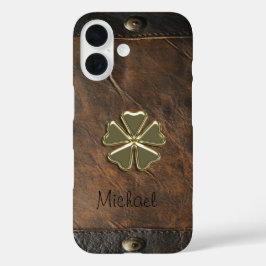 Gouden Shamrock St. Patrick's Day, Bruin leer iPhone 16 Hoesje
