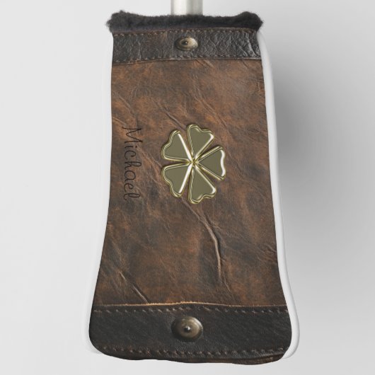 Gouden Shamrock St. Patrick's Day, Bruin leer Golfheadcover (Draai 90)