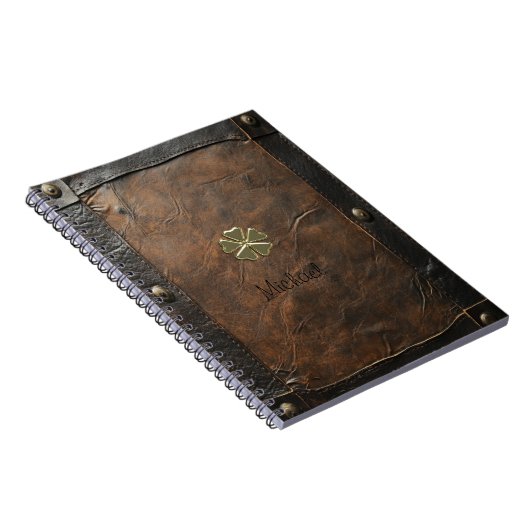 Gouden Shamrock St. Patrick's Day, Bruin leer Notitieboek (Rechterzijde)