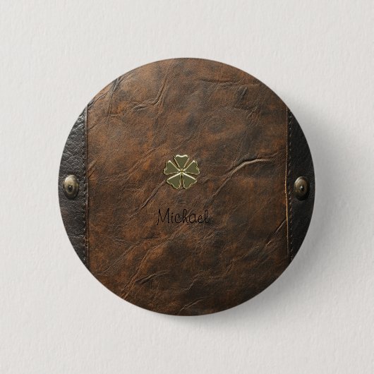 Gouden Shamrock St. Patrick's Day, Bruin leer Ronde Button 5,7 Cm (Voorkant)
