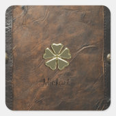 Gouden Shamrock St. Patrick's Day, Bruin leer Vierkante Sticker (Voorkant)