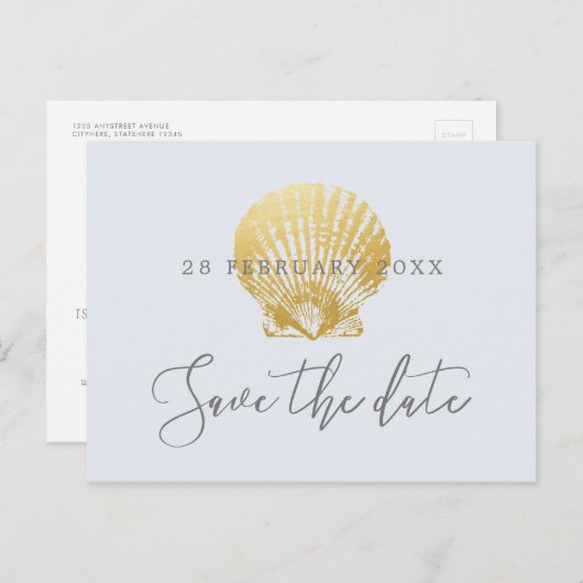 Gouden Shell Faux Folie Strand Bruiloft Save the D Aankondigingskaart (Voorkant / Achterkant)