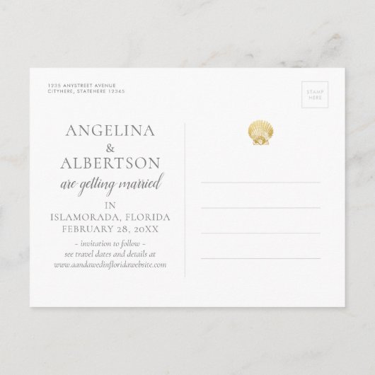 Gouden Shell Faux Folie Strand Bruiloft Save the D Aankondigingskaart (Achterkant)