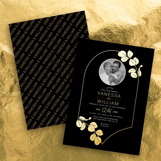 Gouden sieraden geïnspireerd lijst, bladeren foto  folie uitnodiging