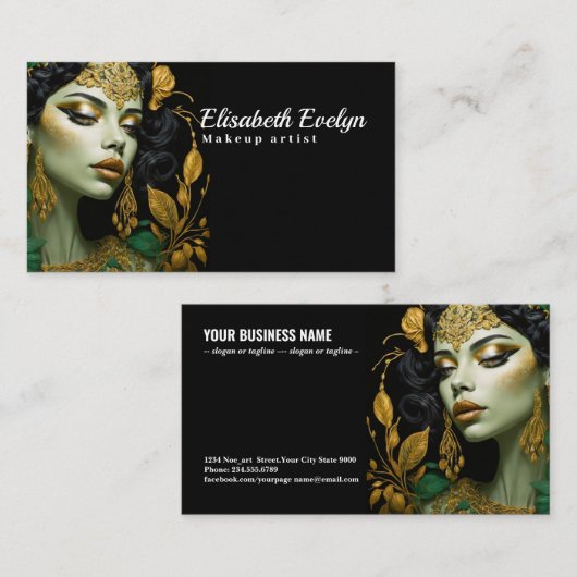 Gouden sieraden voor dames met groene bloemige tou visitekaartje (Voorkant / Achterkant)