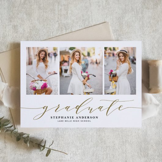 Gouden sierlijk schrift drie foto afstuderen aankondiging
