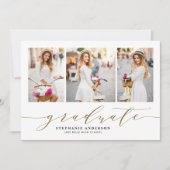 Gouden sierlijk schrift drie foto afstuderen aankondiging (Voorkant)