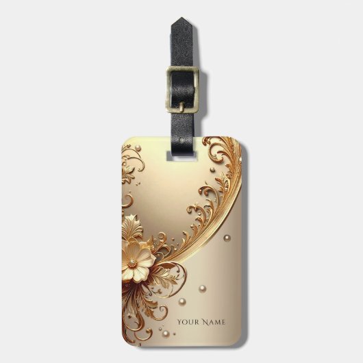 Gouden Sierlijke Bloem Bagage Label (Voorkant verticaal)