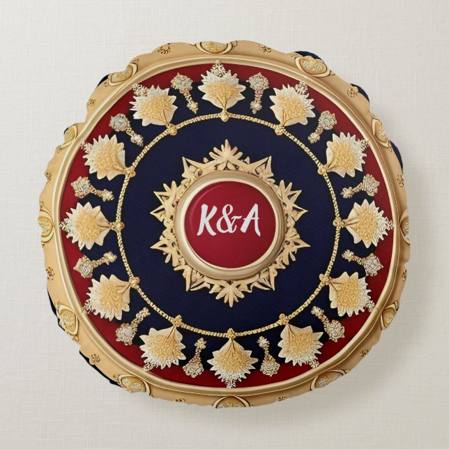 Gouden Sierlijke Bloem Cirkel Ontwerp Rond Kussen (Voorkant)