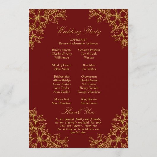Gouden Sierlijke Bloemen Bruiloft Programmakaart (Achterkant)