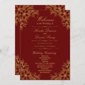 Gouden Sierlijke Bloemen Bruiloft Programmakaart (Voorkant / Achterkant)