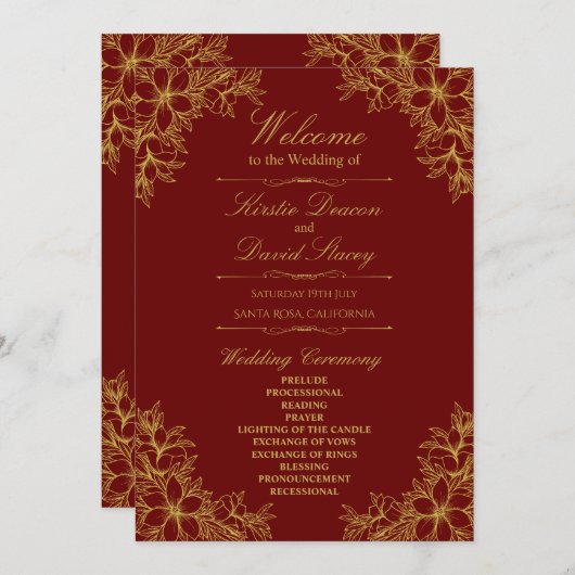 Gouden Sierlijke Bloemen Bruiloft Programmakaart (Voorkant / Achterkant)